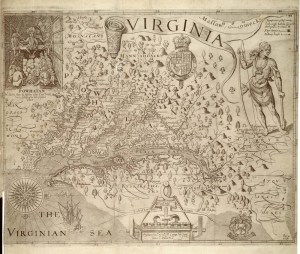 Map of Virginia from The Generall Historie of Virginia. Photo credit - Documenting the American South, UNC Chapel Hill (http://docsouth.unc.edu/southlit/smith/ill2.html)
